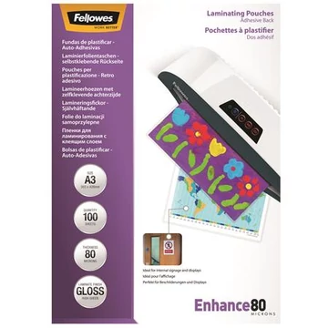 Fellowes meleglamináló fólia öntapadó hátlappal, A3, 80 mikron, 100 db