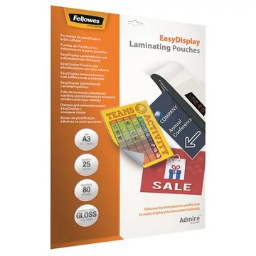 Fellowes Admire EasyDisplay fényes meleglamináló fólia, A3, 80 mikron, 25 db