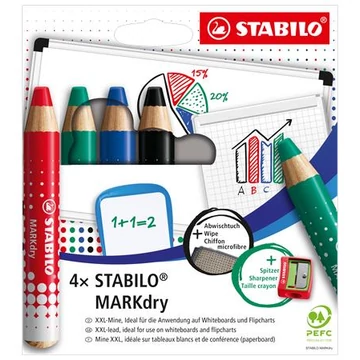 Stabilo jelölőceruza készlet, fehértáblához, flipchartpapírhoz kúpos, Markdry, 4 féle szín törlővel és hegyezővel