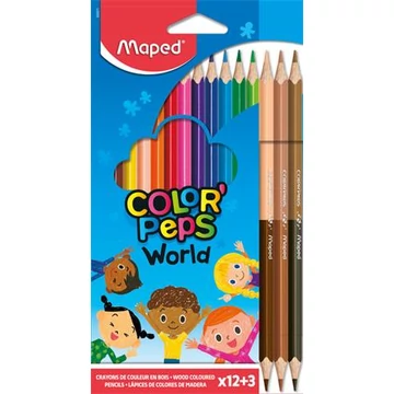 Maped színes ceruza készlet, háromszögletű, color peps world, 12 különböző szín + 3 kétvégű bőrtónus ceruza