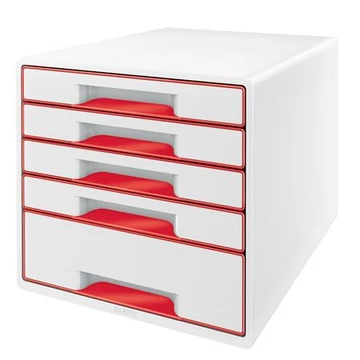 Irattároló, műanyag, 5 fiókos, Leitz wow cube, fehér/piros