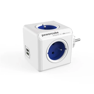Allocacoc PowerCube Original USB DE elosztó, 4 aljzat, 2 USB csatlakozó, fehér-kék