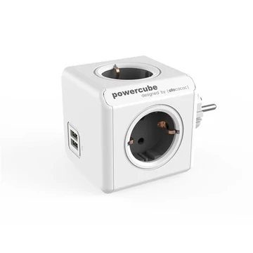 Allocacoc PowerCube Original USB DE elosztó, 4 aljzat, 2 USB csatlakozó, fehér-szürke