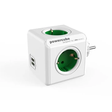 Allocacoc PowerCube Original USB DE elosztó, 4 aljzat, 2 USB csatlakozó, fehér-zöld
