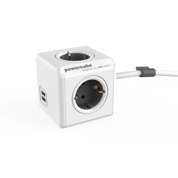 Allocacoc PowerCube Extended USBelosztó, 4 aljzat, 2 USB csatlakozó, 1,5 m kábelhosszúság, fehér-szürke