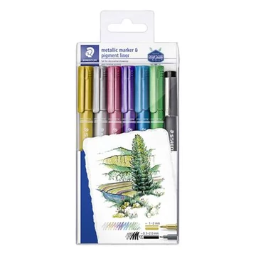 Staedtler 8323 dekormarker készlet, 1-2 mm, kúpos, 6 különböző metál szín, ajándék fekete tusfilccel