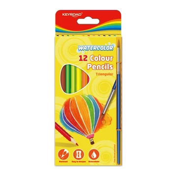 Keyroad akvarell színes ceruza készlet, háromszögletű, 12 db, ecsettel