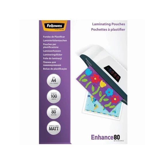 Fellowes matt meleglamináló fólia, A4, 80 mikron, 100 db