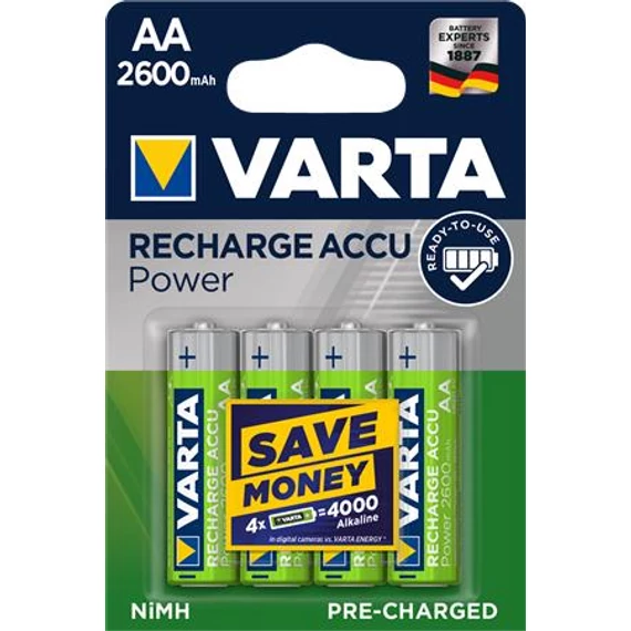 Varta Power tölthető ceruzaelem, AA, 4x2600 mAh