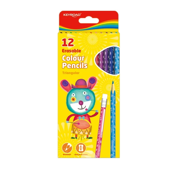 Keyroad Erasable színes ceruza készlet, háromszögletű, radírral, 12 darab
