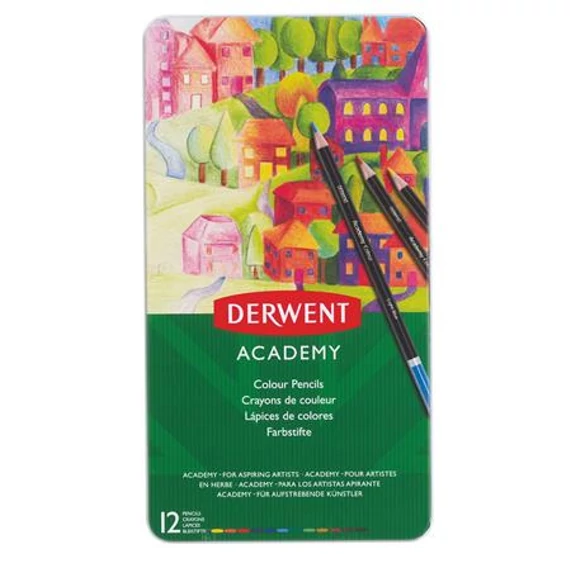 Derwent színes ceruza készlet, fém doboz, academy, 12 különböző szín