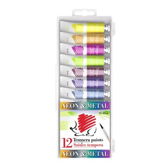 Ico Süni tempera készlet, 12 darabos, metál és neon színek