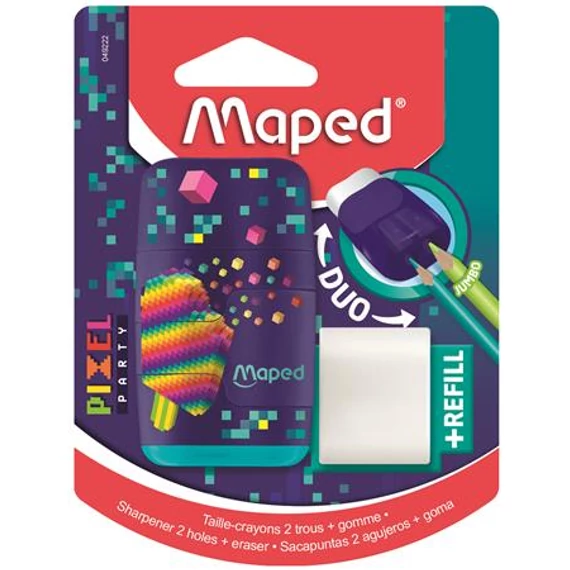 Maped Pixel Party Connect hegyező és radír, kétlyukú, tartályos, pótradírral
