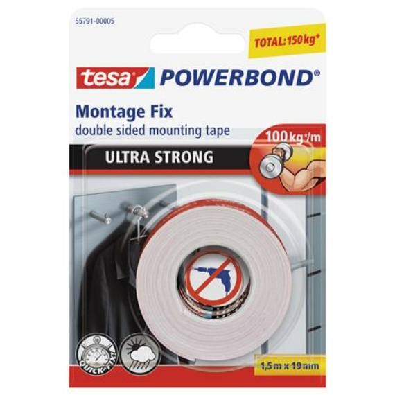 Tesa Powerbond ragasztószalag, kétoldalas, ultra erős, 19 mm x 1,5 m